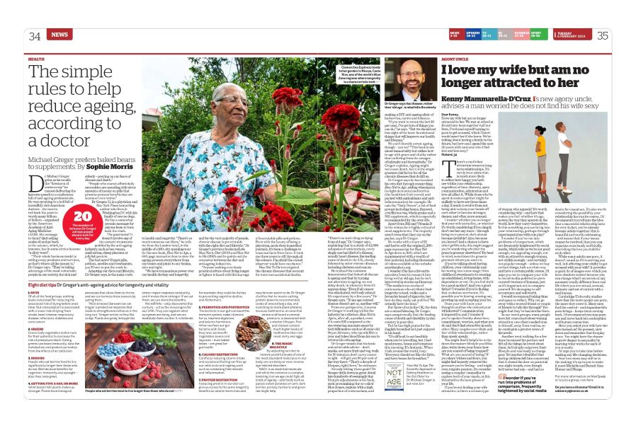 newspaper spread with photo of elderly woman in a garden.