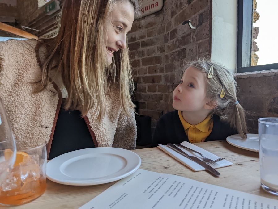 mother and daughter at restaurant.