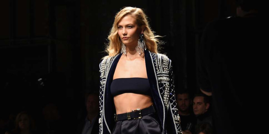 Kalie Kloss on a fashion catwalk.