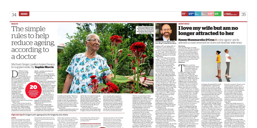newspaper spread with photo of elderly woman in a garden.